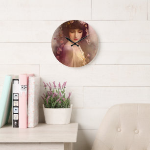 Vintage Style Portrait of Beautiful Floral Woman Large Clock