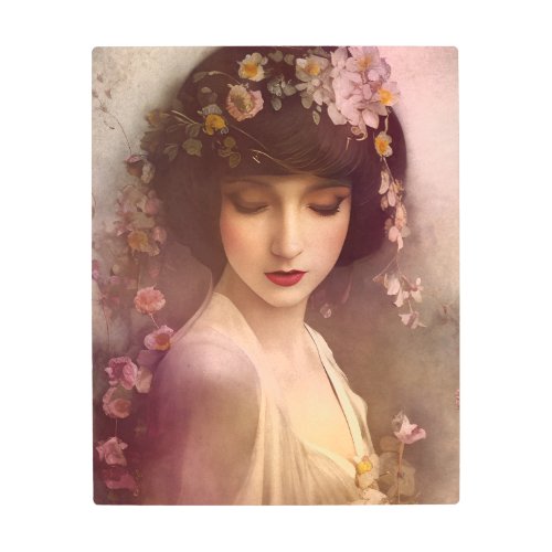 Vintage Style Portrait of Beautiful Floral Woman Metal Print