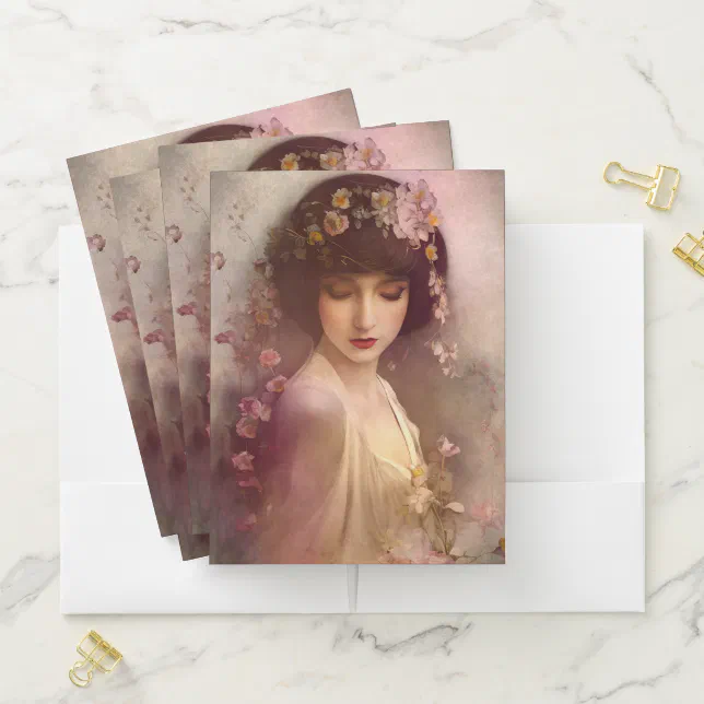Potrait Pocket File Vintage Style Portrait of Beautiful Floral Woman Pocket Folder | Zazzle