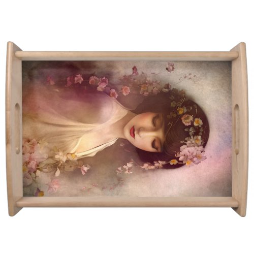 Vintage Style Portrait of Beautiful Floral Woman Serving Tray