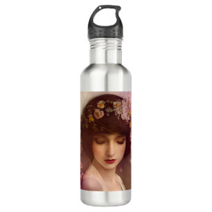 Vintage Style Portrait of Beautiful Floral Woman Stainless Steel Water Bottle