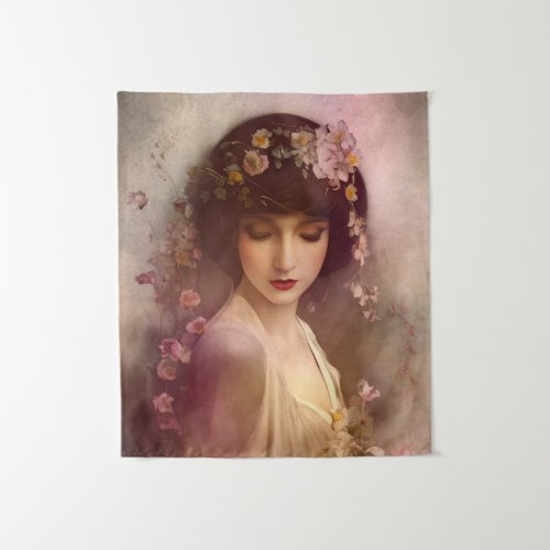 Vintage Style Portrait of Beautiful Floral Woman Tapestry