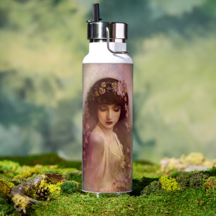 Vintage Style Portrait of Beautiful Floral Woman Water Bottle