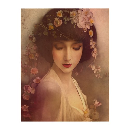 Vintage Style Portrait of Beautiful Floral Woman Wood Wall Art