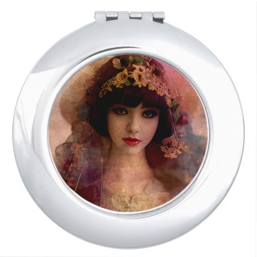 Vintage Style Portrait of Beautiful Woman in Pink Compact Mirror