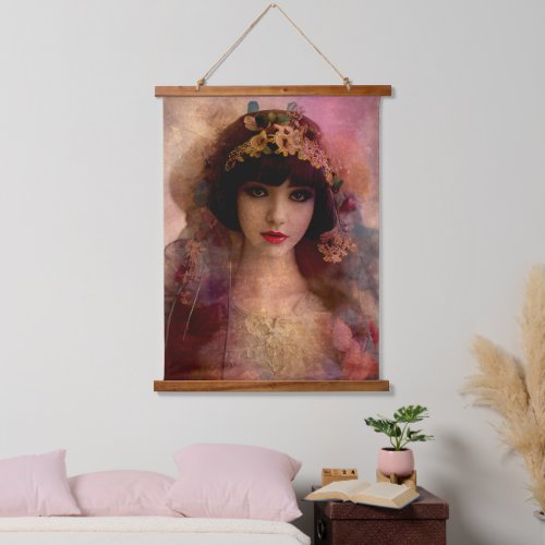 Vintage Style Portrait of Beautiful Woman in Pink Hanging Tapestry