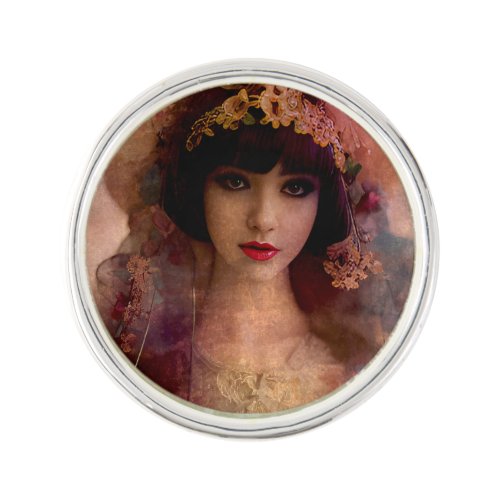 Vintage Style Portrait of Beautiful Woman in Pink Lapel Pin