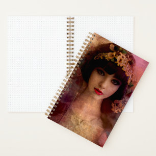 Vintage Style Portrait of Beautiful Woman in Pink Notebook