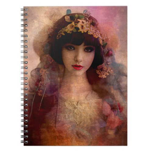 Vintage Style Portrait of Beautiful Woman in Pink Notebook