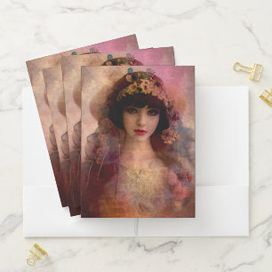 Vintage Style Portrait of Beautiful Woman in Pink Pocket Folder