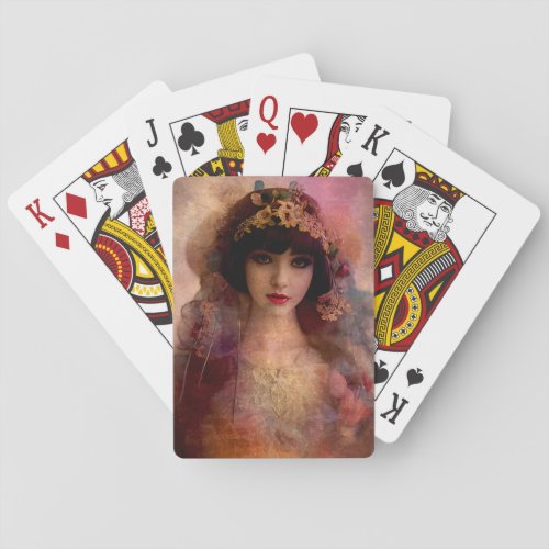 Vintage Style Portrait of Beautiful Woman in Pink Poker Cards
