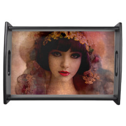 Vintage Style Portrait of Beautiful Woman in Pink Serving Tray