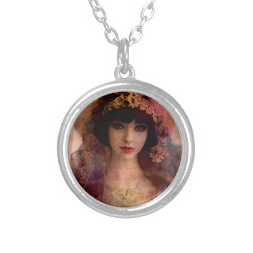 Vintage Style Portrait of Beautiful Woman in Pink  Silver Plated Necklace