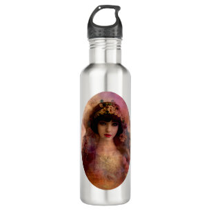 Vintage Style Portrait of Beautiful Woman in Pink Stainless Steel Water Bottle