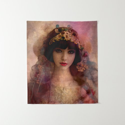 Vintage Style Portrait of Beautiful Woman in Pink Tapestry