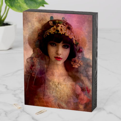 Vintage Style Portrait of Beautiful Woman in Pink Wooden Box Sign