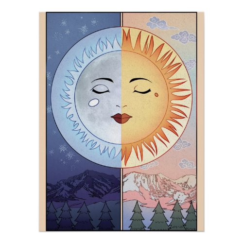 Vintage style poster print art Moon and Sun