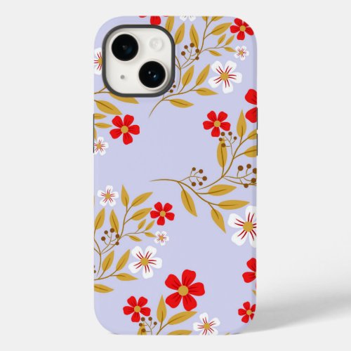 Vintage Style Pretty Red Flowers on Blue Pattern Case_Mate iPhone 14 Case