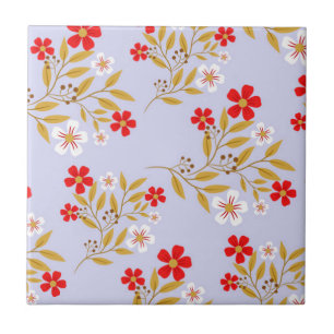 Vintage Style Pretty Red Flowers on Blue Pattern Ceramic Tile