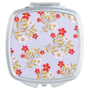 Vintage Style Pretty Red Flowers on Blue Pattern Compact Mirror