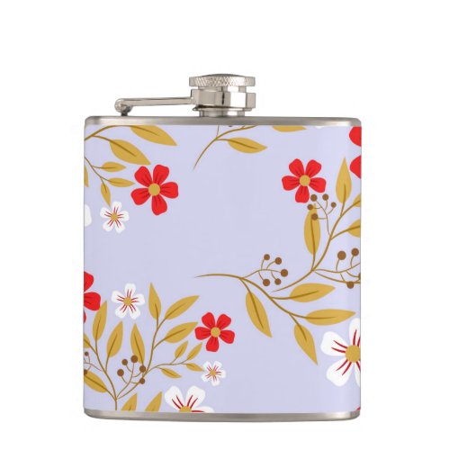 Vintage Style Pretty Red Flowers on Blue Pattern Flask