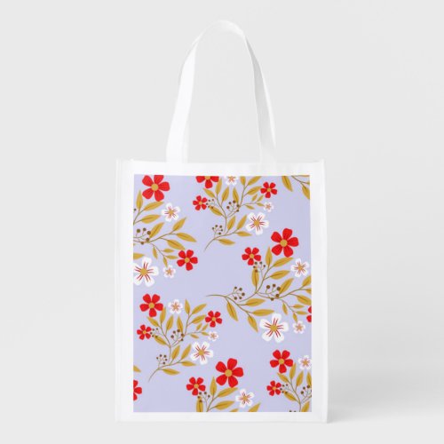 Vintage Style Pretty Red Flowers on Blue Pattern Grocery Bag