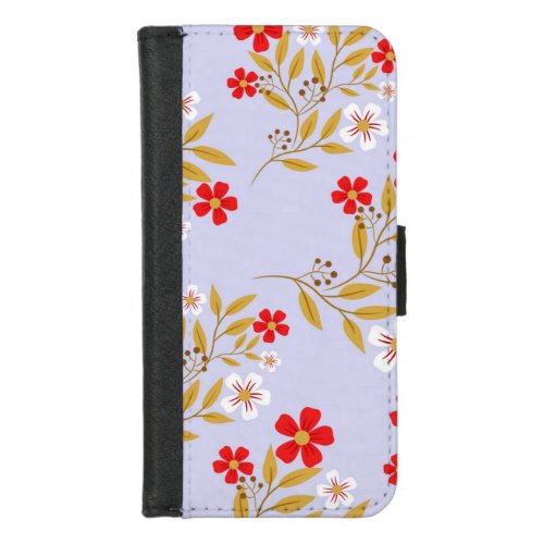 Vintage Style Pretty Red Flowers on Blue Pattern iPhone 87 Wallet Case