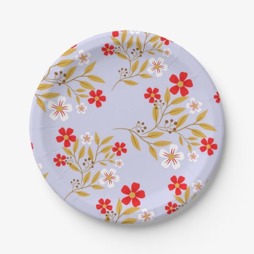 Vintage Style Pretty Red Flowers on Blue Pattern Paper Plates