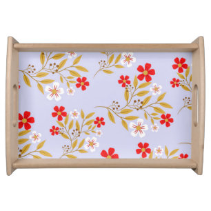 Vintage Style Pretty Red Flowers on Blue Pattern Serving Tray