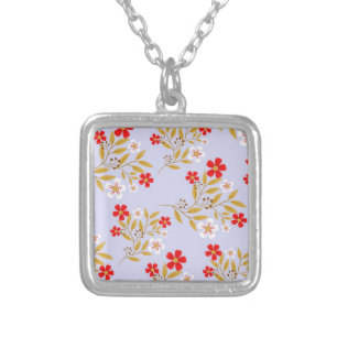 Vintage Style Pretty Red Flowers on Blue Pattern Silver Plated Necklace