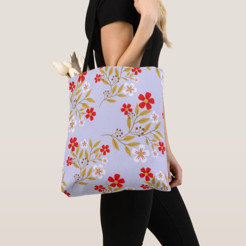 Vintage Style Pretty Red Flowers on Blue Pattern Tote Bag