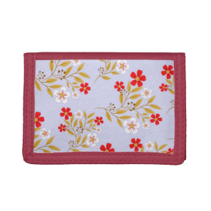 Vintage Style Pretty Red Flowers on Blue Pattern Tri-fold Wallet