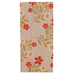 Vintage Style Pretty Red Flowers on Blue Pattern Wood Flash Drive