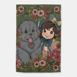 Vintage Style Puppy Dog and Flower Vines - Green Garden Flag