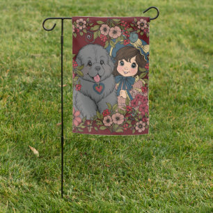 Vintage Style Puppy Dog and Flower Vines - Maroon Garden Flag