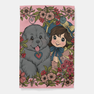 Vintage Style Puppy Dog and Flower Vines - Pink Garden Flag