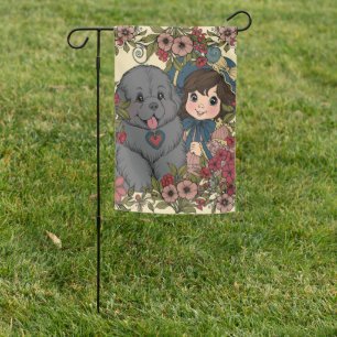 Vintage Style Puppy Dog and Flower Vines - Yellow Garden Flag