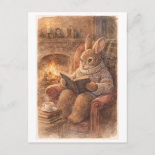 Vintage-Style Rabbit Reading by the Fireside Postcard