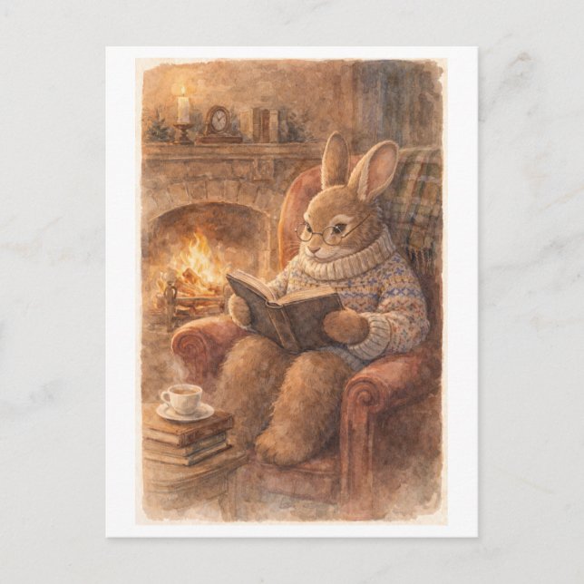 Vintage-Style Rabbit Reading by the Fireside Postcard (Front)