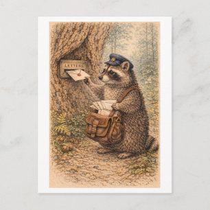 Vintage-Style Raccoon as Mailman Illustration Postcard