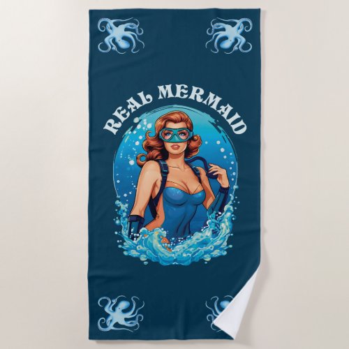 Vintage Style Real Mermaid _ Female Scuba Diver Beach Towel