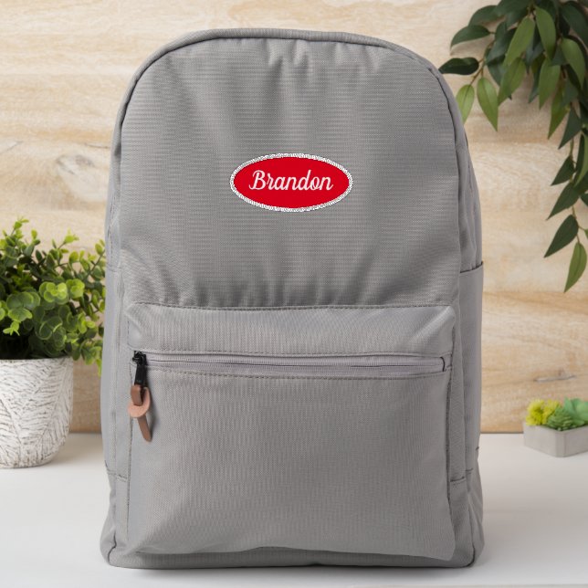 Vintage Style Red and White Name Patch (On Backpack)