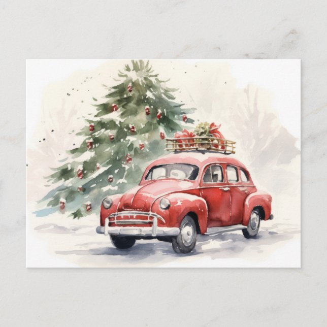 Vintage Style Red Car and Christmas Tree Greeting Postcard (Front)