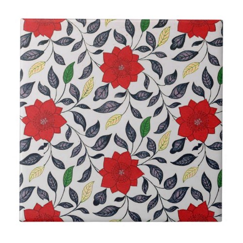 Vintage Style Red China Poppy Floral Pattern Ceramic Tile