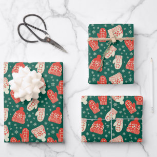 Vintage style red & green Christmas hats & mittens Wrapping Paper Sheets