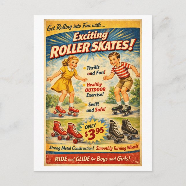 Vintage-Style Roller Skates Advertisement Postcard (Front)