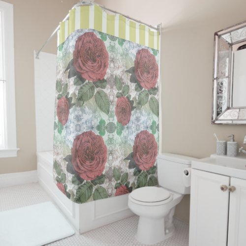 Vintage Style Rose Chintz Floral Design Shower Curtain