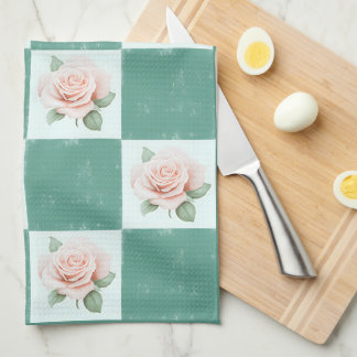 Vintage Style Rose Green-Checkered Tea Towel