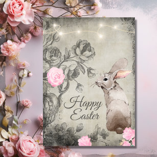 Vintage Style Roses and Rabbit Garden Easter Holiday Card