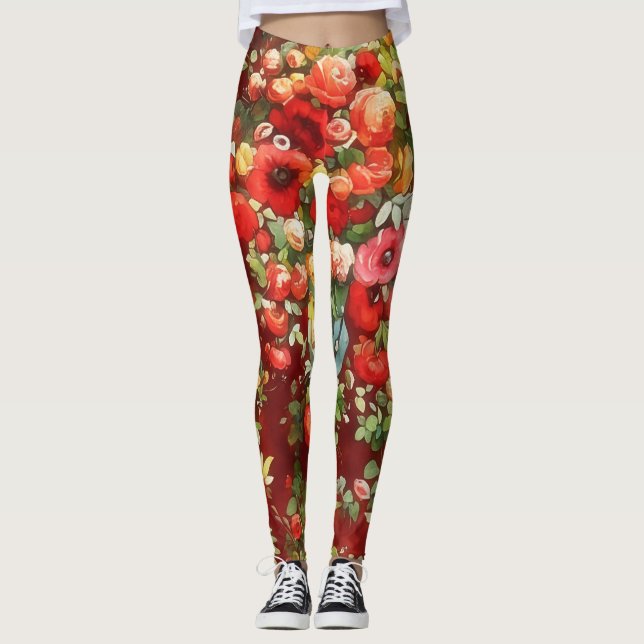 Vintage Style Roses Art Garnet Red Leggings (Front)